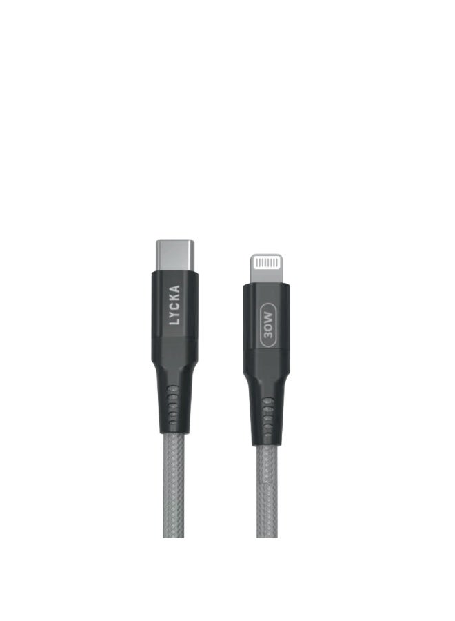 Lycka P Cord i30 – 30W PD Fast Charging USB-C to Lightning Cable, 1.5M Braided Design for iPhone & iPad – Black - Image 1